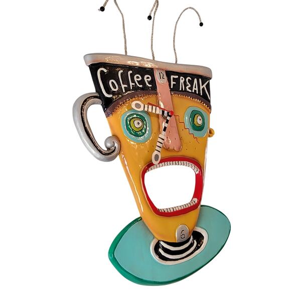 Rare Allen Designs Coffee Freak Wall Clock Studio Art Funky Mug Face 13x9" Works - Picture 5 of 16